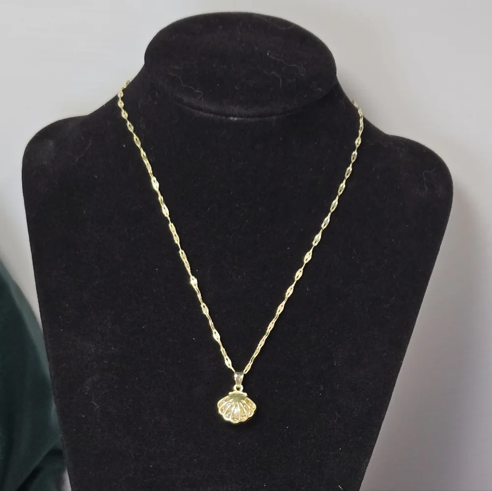 Gold Pearl Shell Pendant Necklace Stainless Steel CZ Crystal Coastal Jewelry